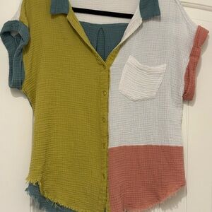 Umgee Colorblock Button Down Shirt - Green, White, Pink